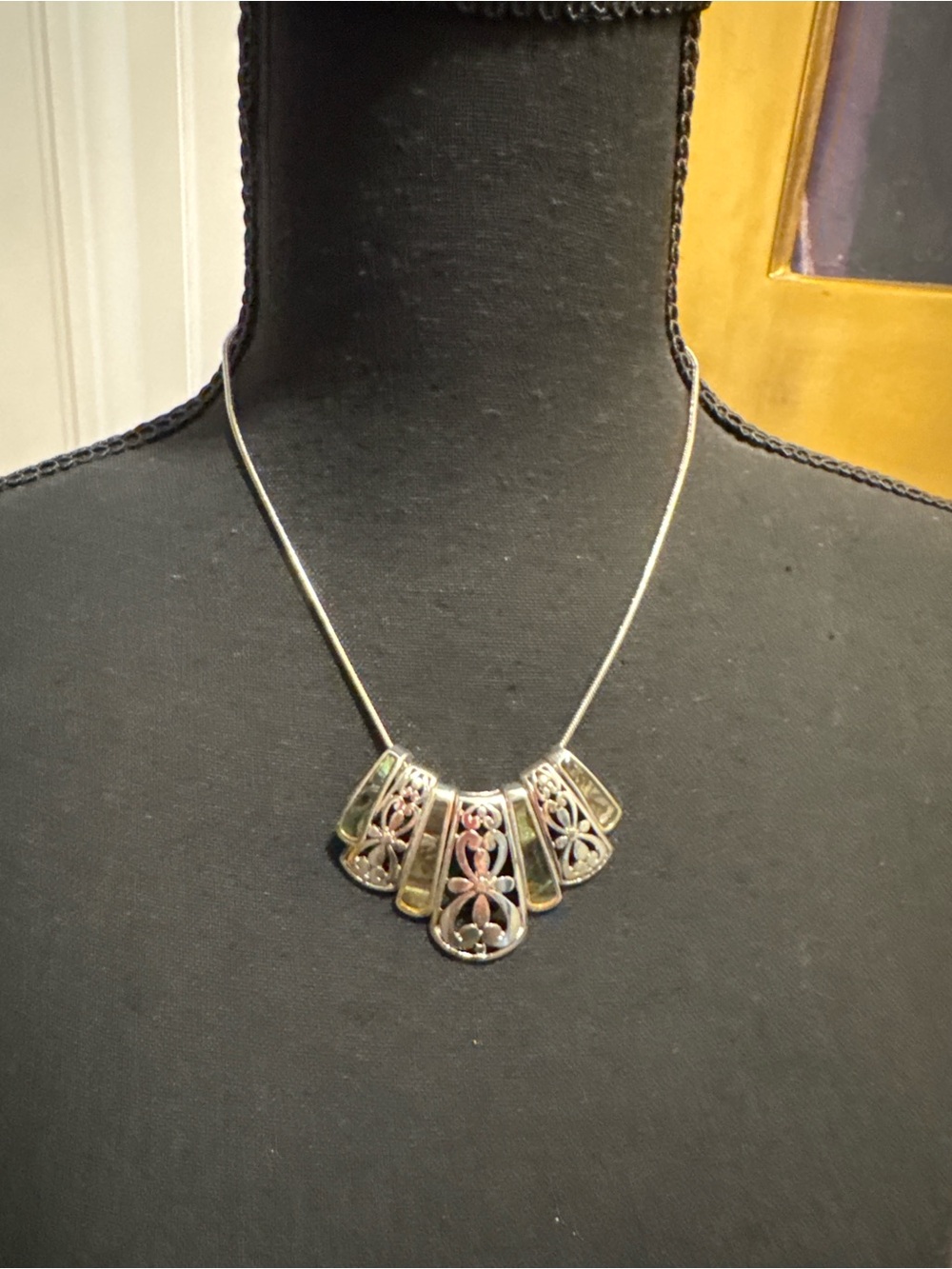 Abalone Silver Floral Filigree Panel Necklace - Silver Tone